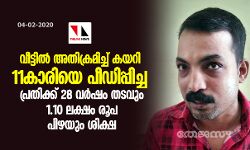 വീട്ടില്‍ അതിക്രമിച്ച് കയറി 11കാരിയെ പീഡിപ്പിച്ച പ്രതിക്ക് 28 വര്‍ഷം തടവും 1.10 ലക്ഷം രൂപ പിഴയും ശിക്ഷ