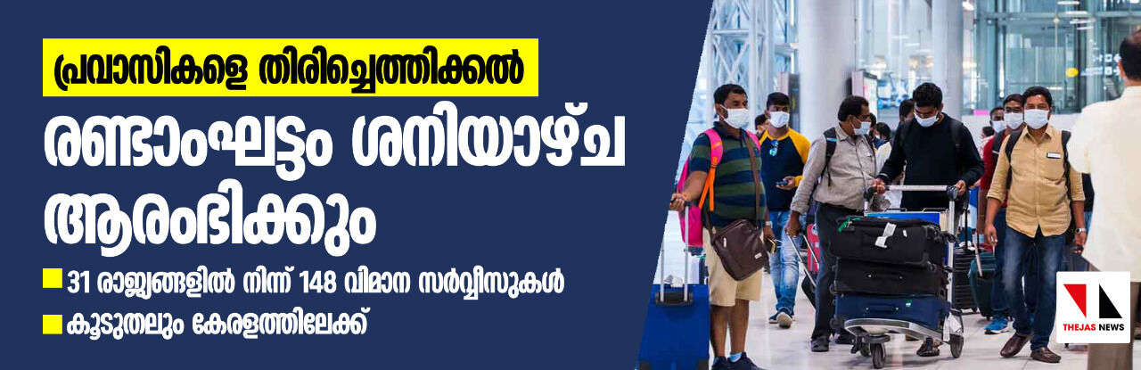 പ്രവാസികളെ തിരിച്ചെത്തിക്കല്‍: രണ്ടാംഘട്ടം ശനിയാഴ്ച ആരംഭിക്കും; 31 രാജ്യങ്ങളില്‍ നിന്ന് 148 വിമാന സര്‍വ്വീസുകള്‍, കൂടുതലും കേരളത്തിലേക്ക്