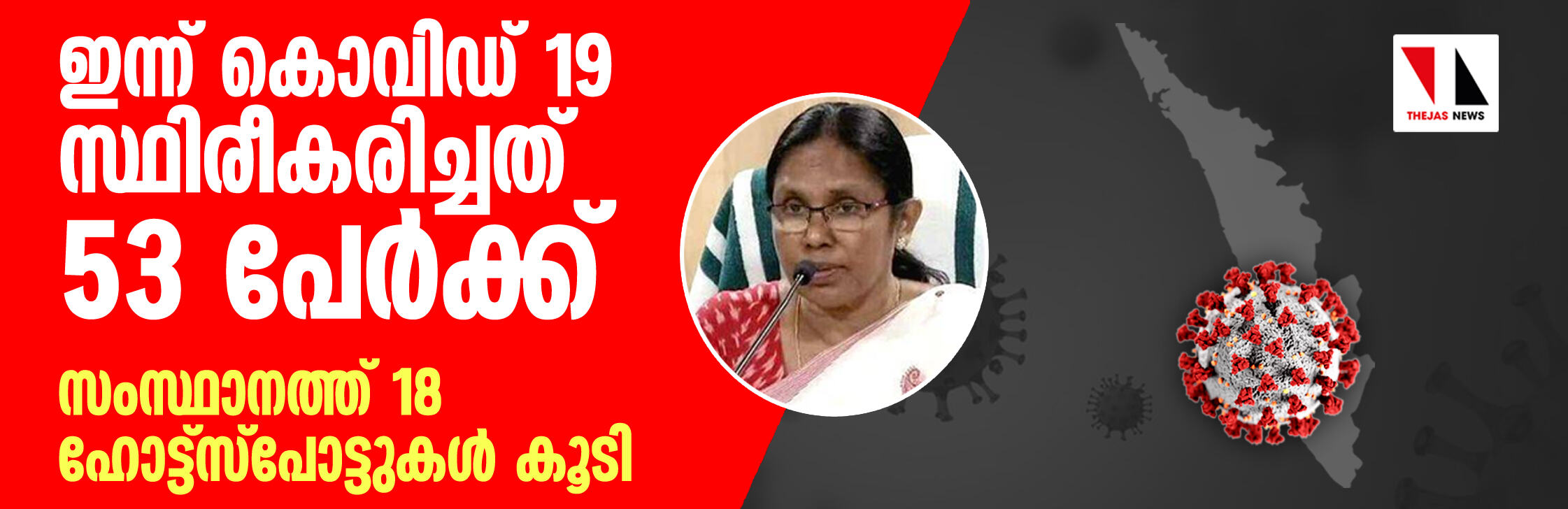 ഇന്ന് കൊവിഡ് 19 സ്ഥിരീകരിച്ചത് 53 പേര്‍ക്ക്; സംസ്ഥാനത്ത് 18 ഹോട്ട് സ്‌പോട്ടുകള്‍ കൂടി