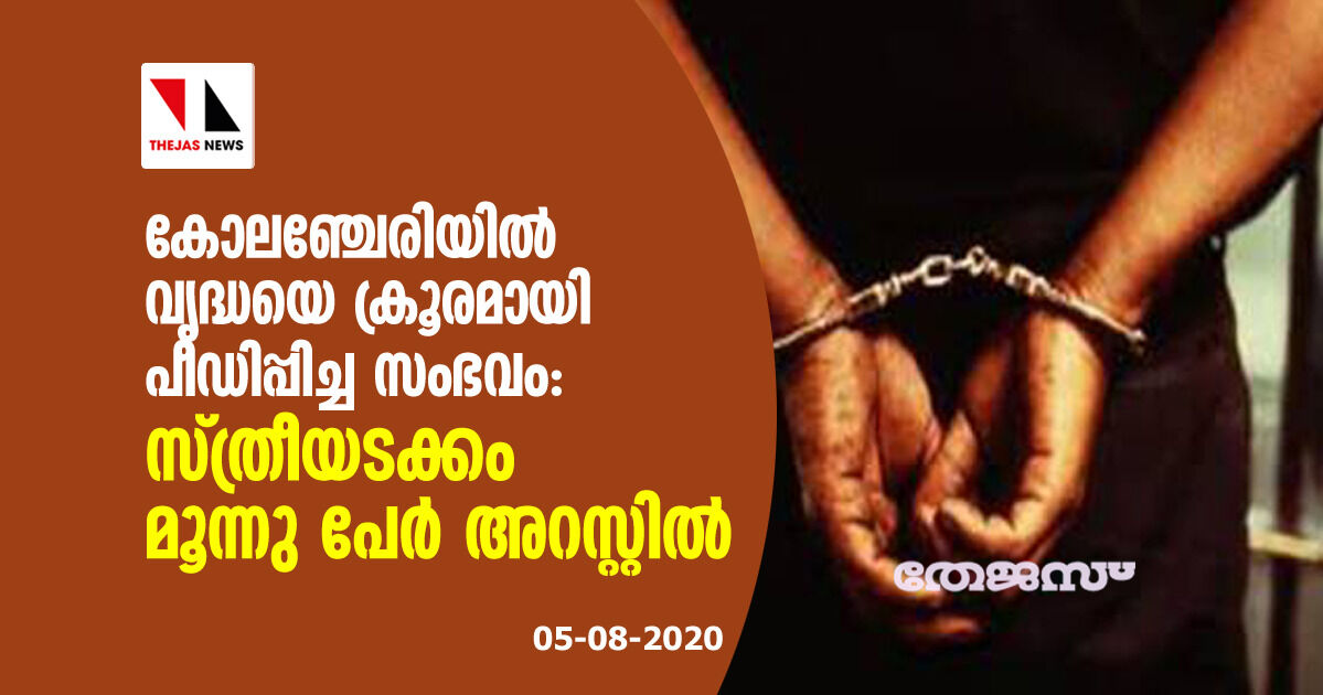 കോലഞ്ചേരിയില് വൃദ്ധയെ ക്രൂരമായി പീഡിപ്പിച്ച സംഭവം: സ്ത്രീയടക്കം മൂന്നു പേര് അറസ്റ്റില് കോലഞ്ചേരിയില് വൃദ്ധയെ ക്രൂരമായി പീഡിപ്പിച്ച സംഭവം: സ്ത്രീയടക്കം മൂന്നു പേര് അറസ്റ്റില്