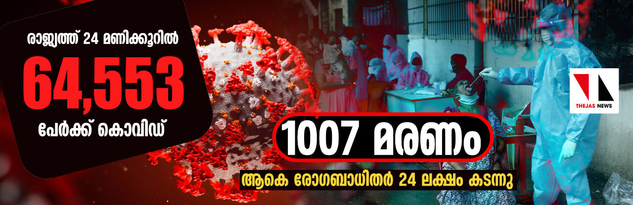 രാജ്യത്ത് 24 മണിക്കൂറില് 64,553 പേര്ക്ക് കൊവിഡ്; 1007 മരണം രാജ്യത്ത് 24 മണിക്കൂറില് 64,553 പേര്ക്ക് കൊവിഡ്; 1007 മരണം