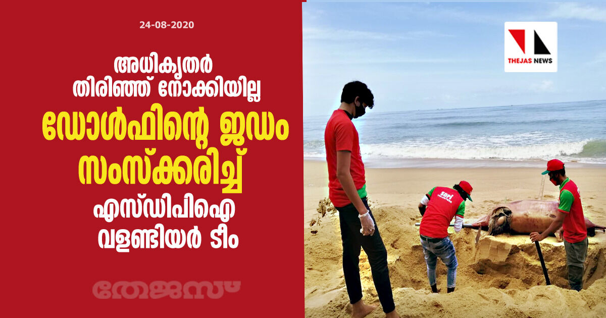 അധികൃതര് തിരിഞ്ഞ് നോക്കിയില്ല; ഡോള്ഫിന്റെ ജഡം സംസ്ക്കരിച്ച് എസ്ഡിപിഐ വളണ്ടിയര് ടീം അധികൃതര് തിരിഞ്ഞ് നോക്കിയില്ല; ഡോള്ഫിന്റെ ജഡം സംസ്ക്കരിച്ച് എസ്ഡിപിഐ വളണ്ടിയര് ടീം