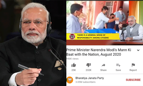 ലൈക്കിനേക്കാള് പത്തിരട്ടി ഡിസ് ലൈക്ക്; പ്രധാനമന്ത്രിയുടെ മന് കീ ബാത്തിനെതിരേ ഡിസ്ലൈക്ക് കാംപയിന് ലൈക്കിനേക്കാള് പത്തിരട്ടി ഡിസ് ലൈക്ക്; പ്രധാനമന്ത്രിയുടെ മന് കീ ബാത്തിനെതിരേ ഡിസ്ലൈക്ക് കാംപയിന്