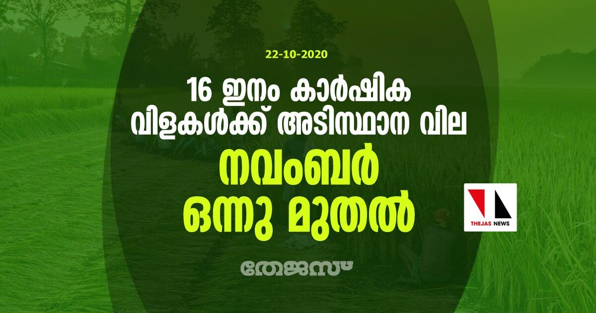16 ഇനം കാര്ഷിക വിളകള്ക്ക് അടിസ്ഥാന വില നവംബര് ഒന്നു മുതല് 16 ഇനം കാര്ഷിക വിളകള്ക്ക് അടിസ്ഥാന വില നവംബര് ഒന്നു മുതല്