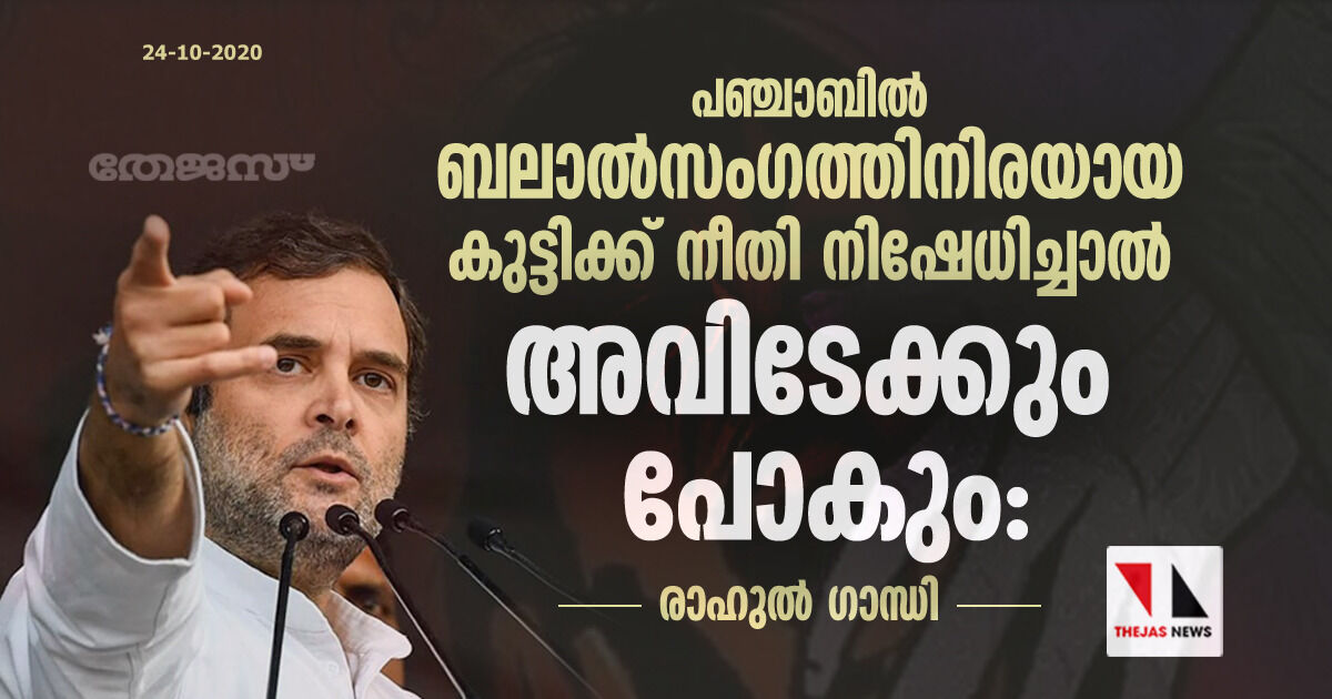 പഞ്ചാബില് ബലാല്സംഗത്തിനിരയായ കുട്ടിക്ക് നീതി നിഷേധിച്ചാല് അവിടേക്കും പോകും: രാഹുല് ഗാന്ധി പഞ്ചാബില് ബലാല്സംഗത്തിനിരയായ കുട്ടിക്ക് നീതി നിഷേധിച്ചാല് അവിടേക്കും പോകും: രാഹുല് ഗാന്ധി