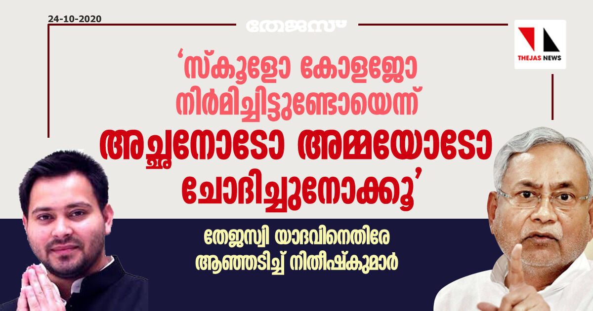 സ്‌കൂളോ കോളജോ നിര്‍മിച്ചിട്ടുണ്ടോയെന്ന് അച്ഛനോടോ അമ്മയോടോ ചോദിച്ചുനോക്കൂ; തേജസ്വി യാദവിനെതിരേ ആഞ്ഞടിച്ച് നിതീഷ്‌കുമാര്‍