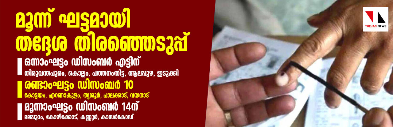 തദ്ദേശഭരണ തിരഞ്ഞെടുപ്പ് തീയതി പ്രഖ്യാപിച്ചു: ഡിസംബർ എട്ടുമുതൽ മൂന്ന് ഘട്ടമായി നടത്തും; മാതൃകാ പെരുമാറ്റചട്ടം നിലവിൽ വന്നു