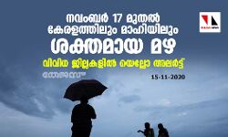 നവംബർ 17 മുതൽ കേരളത്തിലും മാഹിയിലും ശക്തമായ മഴ; വിവിധ ജില്ലകളിൽ യെല്ലോ അലർട്ട്