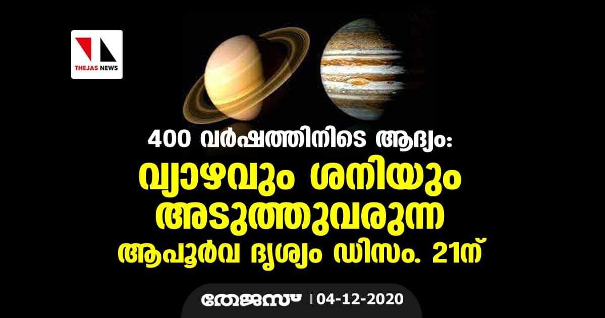 400 വര്ഷത്തിനിടെ ആദ്യം:വ്യാഴവും ശനിയും അടുത്തുവരുന്ന ആപൂര്വ്വ ദൃശ്യം ഡിസംബര് 21ന് 400 വര്ഷത്തിനിടെ ആദ്യം:വ്യാഴവും ശനിയും അടുത്തുവരുന്ന ആപൂര്വ്വ ദൃശ്യം ഡിസംബര് 21ന്