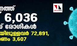 സംസ്ഥാനത്ത് ഇന്ന് 6,036 കൊവിഡ് രോഗികള്‍; ചികില്‍സയിലുള്ളവര്‍ 72,891, ആകെ മരണം 3,607