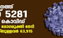 സംസ്ഥാനത്ത് ഇന്ന് 5281 പേര്ക്ക് കൊവിഡ്; 5692 പേര് രോഗമുക്തി നേടി; ചികിത്സയിലുള്ളവര് 63,915; ഇതുവരെ രോഗമുക്തി നേടിയവര് 9,20,539 സംസ്ഥാനത്ത് ഇന്ന് 5281 പേര്ക്ക് കൊവിഡ്; 5692 പേര് രോഗമുക്തി നേടി; ചികിത്സയിലുള്ളവര് 63,915; ഇതുവരെ രോഗമുക്തി നേടിയവര് 9,20,539
