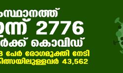 സംസ്ഥാനത്ത് ഇന്ന് 2776 പേര്‍ക്ക് കൊവിഡ്,   3638 പേര്‍ രോഗമുക്തി നേടി;   ചികിത്സയിലുള്ളവര്‍ 43,562;