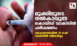 മൂക്കിലൂടെ നല്‍കാവുന്ന കൊവിഡ് വാക്‌സിന്‍ പരീക്ഷണം; ഹൈദരാബാദില്‍ 10 പേര്‍ വാക്‌സിന്‍ സ്വീകരിച്ചു