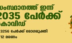 സംസ്ഥാനത്ത് ഇന്ന് 2035 പേര്‍ക്ക് കൊവിഡ്,  3256 പേര്‍ രോഗമുക്തി നേടി;   ചികിത്സയിലുള്ളവര്‍ 30,939