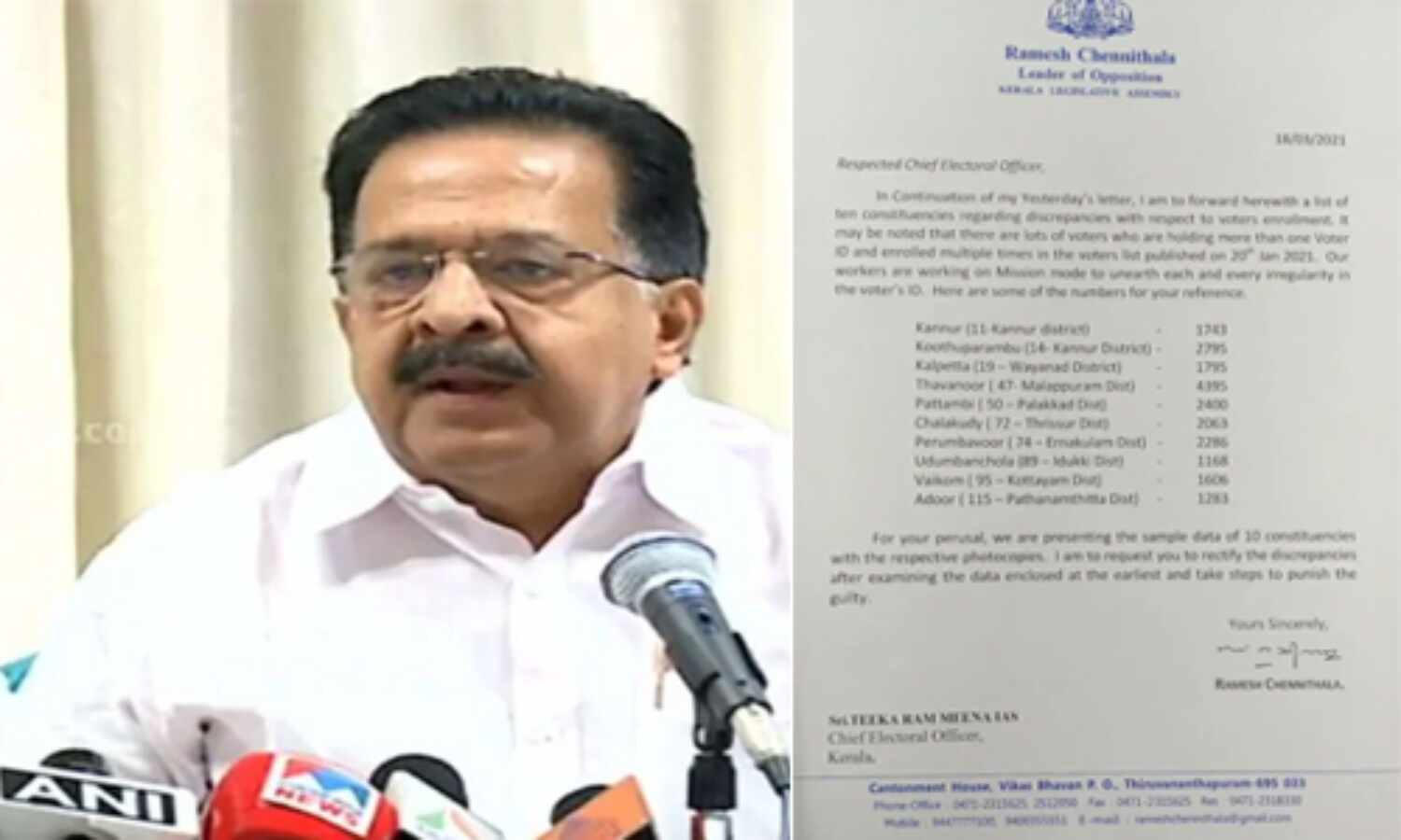 ഒന്നില്ക്കൂടുതല് വോട്ടുള്ളവരുടെ പട്ടിക പ്രതിപക്ഷനേതാവ് തിരഞ്ഞെടുപ്പ് കമ്മീഷന് കൈമാറി; ക്രമക്കേട് കൂടുതല് കണ്ണൂരില് ഒന്നില്ക്കൂടുതല് വോട്ടുള്ളവരുടെ പട്ടിക പ്രതിപക്ഷനേതാവ് തിരഞ്ഞെടുപ്പ് കമ്മീഷന് കൈമാറി; ക്രമക്കേട് കൂടുതല് കണ്ണൂരില്