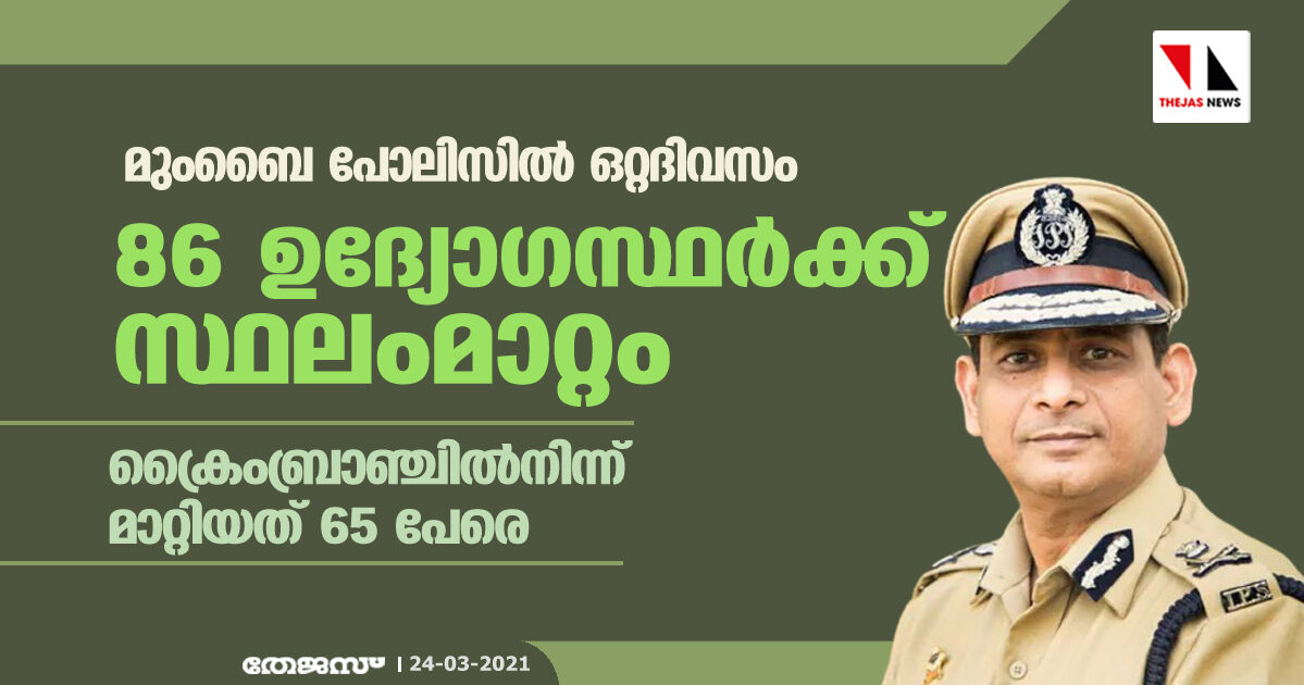 മുംബൈ പോലിസില്‍ ഒറ്റദിവസം 86 ഉദ്യോഗസ്ഥര്‍ക്ക് സ്ഥലംമാറ്റം; ക്രൈംബ്രാഞ്ചില്‍നിന്ന് മാറ്റിയത് 65 പേരെ
