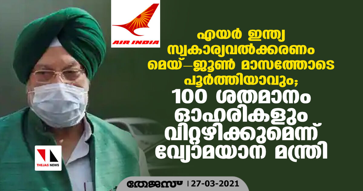 എയര് ഇന്ത്യ സ്വകാര്യവല്ക്കരണം മെയ്- ജൂണ് മാസത്തോടെ പൂര്ത്തിയാവും; 100 ശതമാനം ഓഹരികളും വിറ്റഴിക്കുമെന്ന് വ്യോമയാന മന്ത്രി എയര് ഇന്ത്യ സ്വകാര്യവല്ക്കരണം മെയ്- ജൂണ് മാസത്തോടെ പൂര്ത്തിയാവും; 100 ശതമാനം ഓഹരികളും വിറ്റഴിക്കുമെന്ന് വ്യോമയാന മന്ത്രി