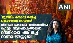 മുസ് ലിം തൊപ്പി ധരിച്ച കൊറോണ വൈറസ്;  വിദ്വേഷ പ്രചാരണത്തിനെതിരേ ഹോളി ആഘോഷത്തിന്റെ വീഡിയോ പങ്ക് വച്ച് റാണാ അയ്യൂബ്