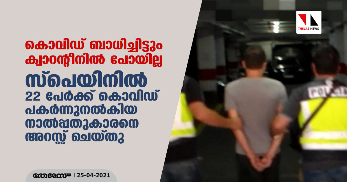 കൊവിഡ് ബാധിച്ചിട്ടും ക്വാറന്റീനില് പോയില്ല; സ്പെയിനില് 22 പേര്ക്ക് കൊവിഡ് പകര്ന്നുനല്കിയ നാല്പ്പതുകാരനെ അറസ്റ്റ് ചെയ്തു കൊവിഡ് ബാധിച്ചിട്ടും ക്വാറന്റീനില് പോയില്ല; സ്പെയിനില് 22 പേര്ക്ക് കൊവിഡ് പകര്ന്നുനല്കിയ നാല്പ്പതുകാരനെ അറസ്റ്റ് ചെയ്തു