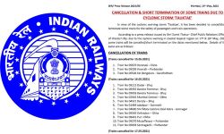 ടൗട്ടെ: വെസ്‌റ്റേണ്‍ റെയില്‍വേ അറുപതോളം ട്രയിനുകള്‍ റദ്ദാക്കി; എറണാകുളം-ഓക്ക അഹമ്മദാബാദില്‍ സര്‍വീസ് അവസാനിപ്പിച്ചു