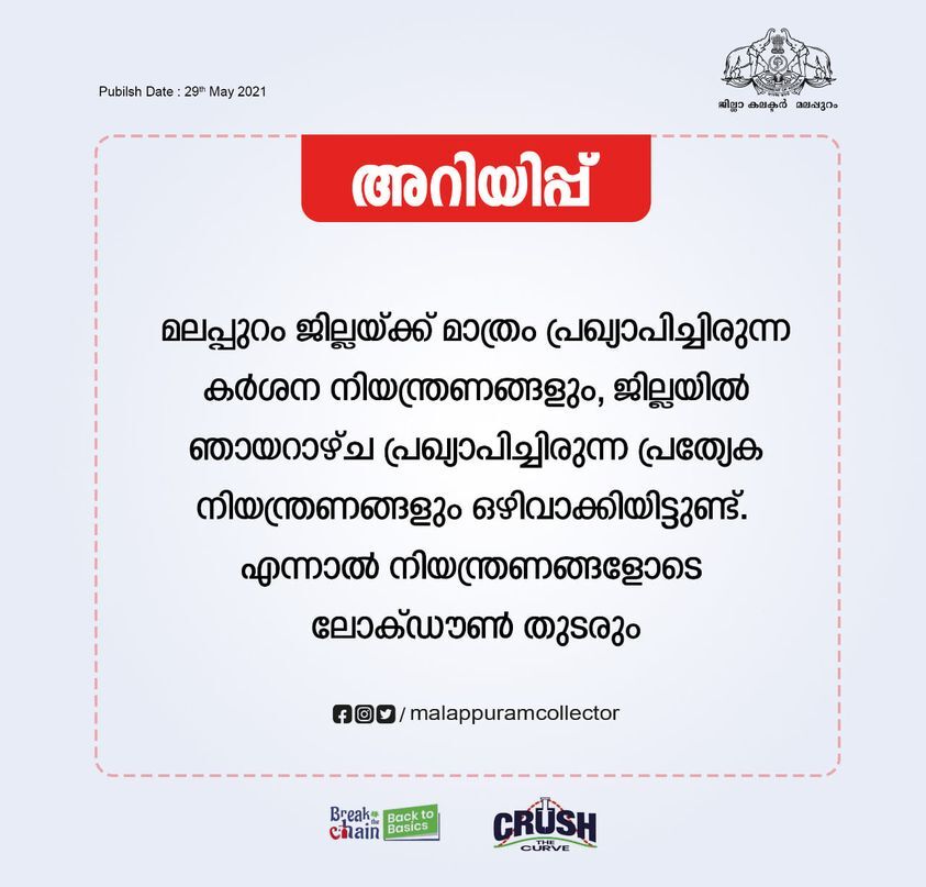 മലപ്പുറത്ത് ഞായറാഴ്ച്ച അധിക നിയന്ത്രണം ഇല്ല മലപ്പുറത്ത് ഞായറാഴ്ച്ച അധിക നിയന്ത്രണം ഇല്ല