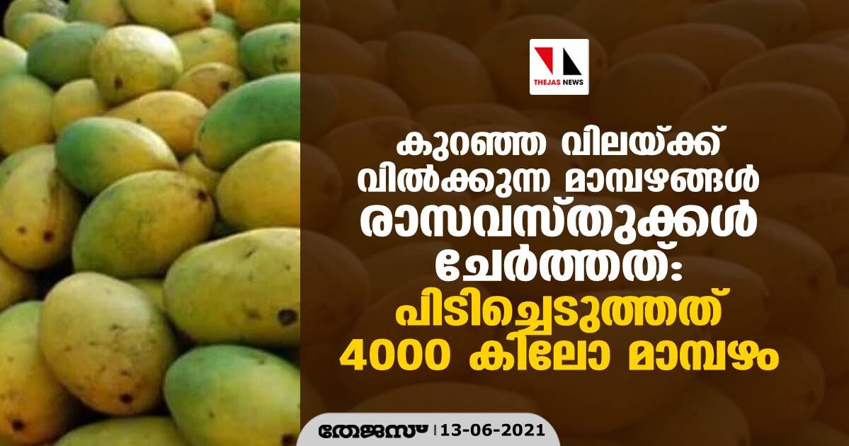 കുറഞ്ഞ വിലയ്ക്ക് വില്ക്കുന്ന മാമ്പഴങ്ങള് രാസവസ്തുക്കള് ചേര്ത്തത്: പിടിച്ചെടുത്തത് 4000 കിലോ മാമ്പഴം കുറഞ്ഞ വിലയ്ക്ക് വില്ക്കുന്ന മാമ്പഴങ്ങള് രാസവസ്തുക്കള് ചേര്ത്തത്: പിടിച്ചെടുത്തത് 4000 കിലോ മാമ്പഴം