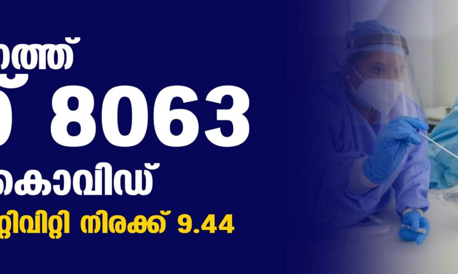 സംസ്ഥാനത്ത് ഇന്ന് 8063 പേര്ക്ക് കൊവിഡ്: ടെസ്റ്റ് പോസിറ്റിവിറ്റി നിരക്ക് 9.44 സംസ്ഥാനത്ത് ഇന്ന് 8063 പേര്ക്ക് കൊവിഡ്: ടെസ്റ്റ് പോസിറ്റിവിറ്റി നിരക്ക് 9.44