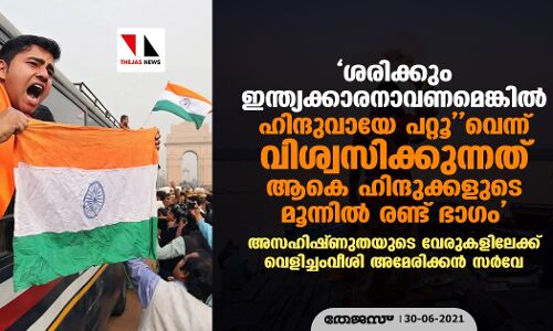 ശരിക്കും ഇന്ത്യക്കാരനാവണമെങ്കില് ഹിന്ദുവായേ പറ്റൂവെന്ന് വിശ്വസിക്കുന്നത് ആകെ ഹിന്ദുക്കളുടെ മൂന്നില് രണ്ട് ഭാഗം; അസഹിഷ്ണുതയുടെ വേരുകളിലേക്ക് വെളിച്ചംവീശി അമേരിക്കന് സര്വേ ശരിക്കും ഇന്ത്യക്കാരനാവണമെങ്കില് ഹിന്ദുവായേ പറ്റൂവെന്ന് വിശ്വസിക്കുന്നത് ആകെ ഹിന്ദുക്കളുടെ മൂന്നില് രണ്ട് ഭാഗം; അസഹിഷ്ണുതയുടെ വേരുകളിലേക്ക് വെളിച്ചംവീശി അമേരിക്കന് സര്വേ