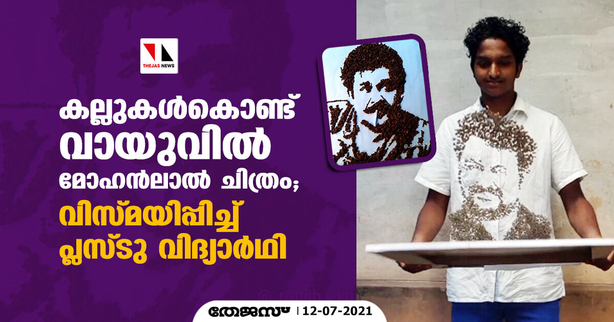 കല്ലുകള്‍കൊണ്ട് വായുവില്‍ മോഹന്‍ലാല്‍ ചിത്രം; വിസ്മയിപ്പിച്ച് പ്ലസ് ടു വിദ്യാര്‍ഥി