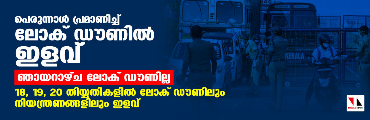 പെരുന്നാള് പ്രമാണിച്ച് ഞായറാഴ്ച ലോക്ഡൗണില്ല; 18, 19, 20 തിയ്യതികളില് ലോക്ഡൗണിലും നിയന്ത്രണങ്ങളിലും ഇളവ് പെരുന്നാള് പ്രമാണിച്ച് ഞായറാഴ്ച ലോക്ഡൗണില്ല; 18, 19, 20 തിയ്യതികളില് ലോക്ഡൗണിലും നിയന്ത്രണങ്ങളിലും ഇളവ്