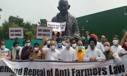 പാര്‍ലമെന്റിന്റെ ഗാന്ധി പ്രതിമക്കുമുന്നില്‍ കോണ്‍ഗ്രസ് നേതാക്കളുടെ പ്രതിഷേധം; മുന്‍നിരയില്‍ രാഹുല്‍ ഗാന്ധിയും