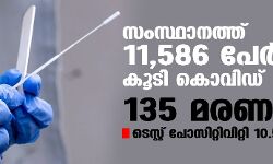 സംസ്ഥാനത്ത് ഇന്ന് 11,586 പേര്‍ക്ക് കൊവിഡ്;   ടെസ്റ്റ് പോസിറ്റിവിറ്റി നിരക്ക് 10.59; മരണം 135