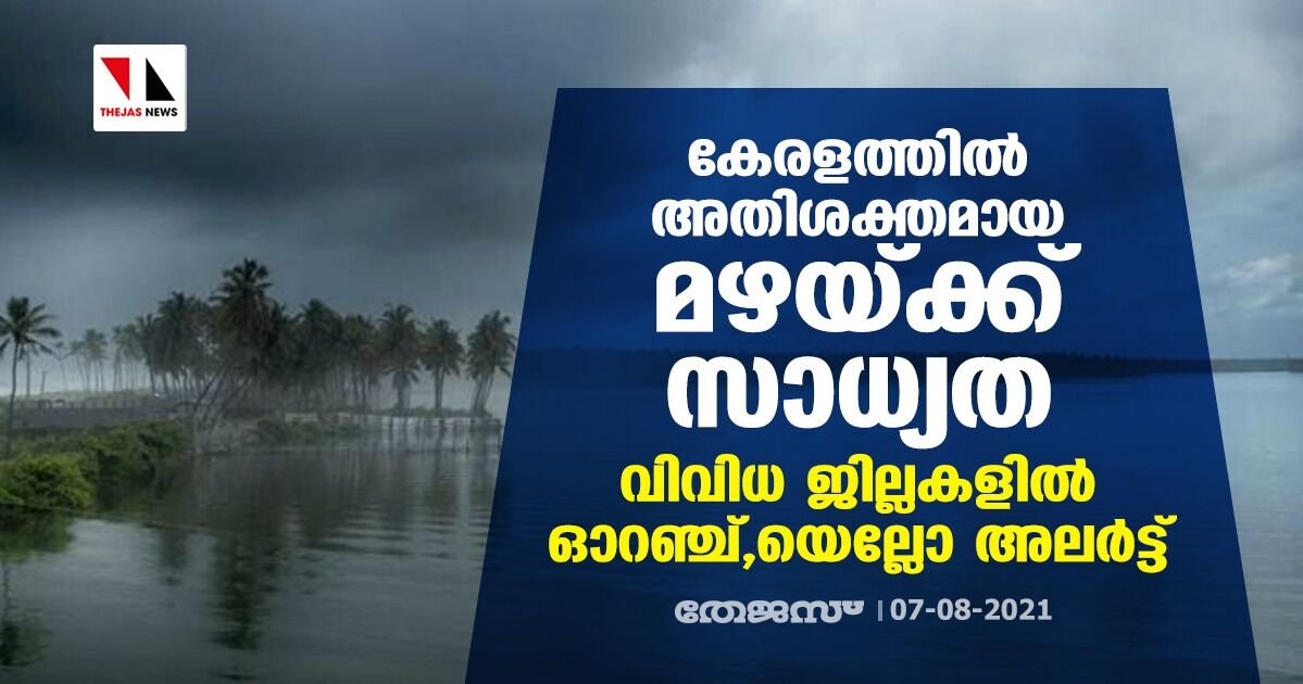 കേരളത്തില്‍ അതിശക്തമായ മഴയ്ക്ക് സാധ്യത; വിവിധ ജില്ലകളില്‍ ഓറഞ്ച്,യെല്ലോ അലര്‍ട്ട്