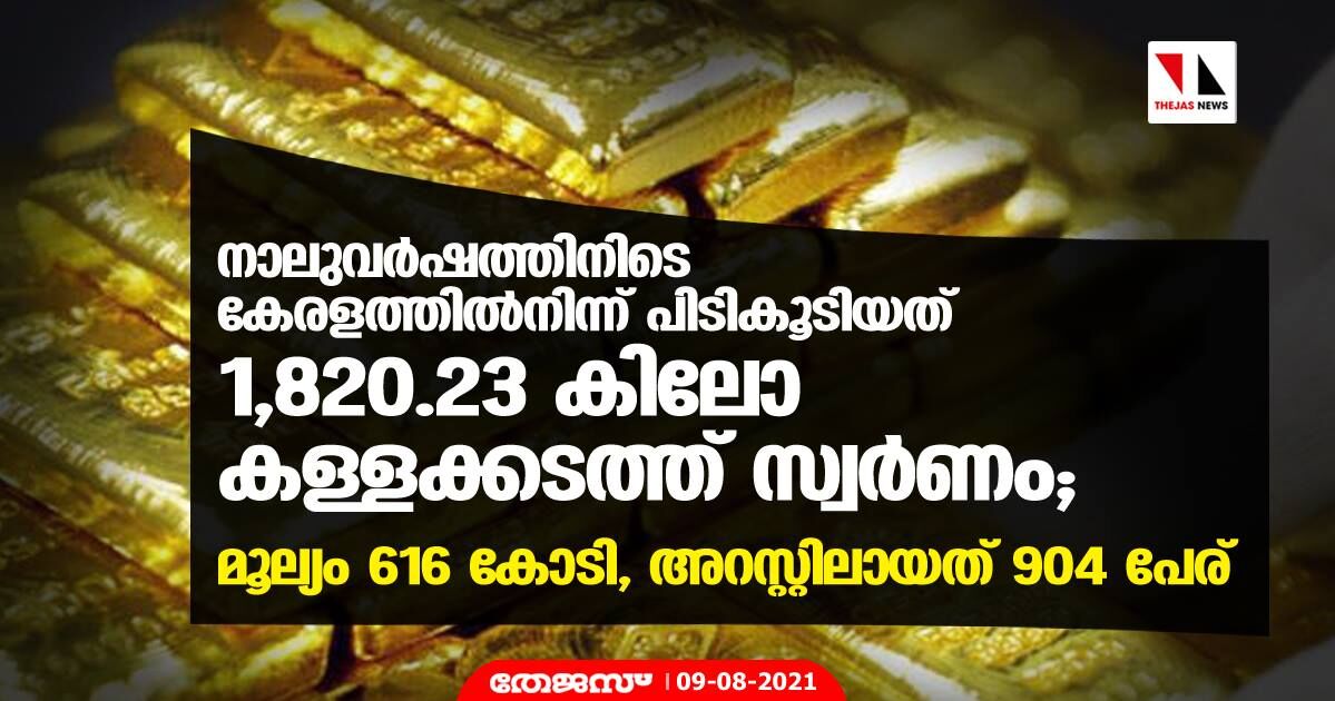 നാലുവര്‍ഷത്തിനിടെ കേരളത്തില്‍നിന്ന് പിടികൂടിയത് 1,820.23 കിലോ കള്ളക്കടത്ത് സ്വര്‍ണം; മൂല്യം 616 കോടി, അറസ്റ്റിലായത് 904 പേര്‍