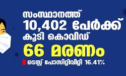 സംസ്ഥാനത്ത് ഇന്ന് 10,402 പേര്‍ക്ക് കൊവിഡ്;   ടെസ്റ്റ് പോസിറ്റിവിറ്റി നിരക്ക് 16.41;  മരണം 66
