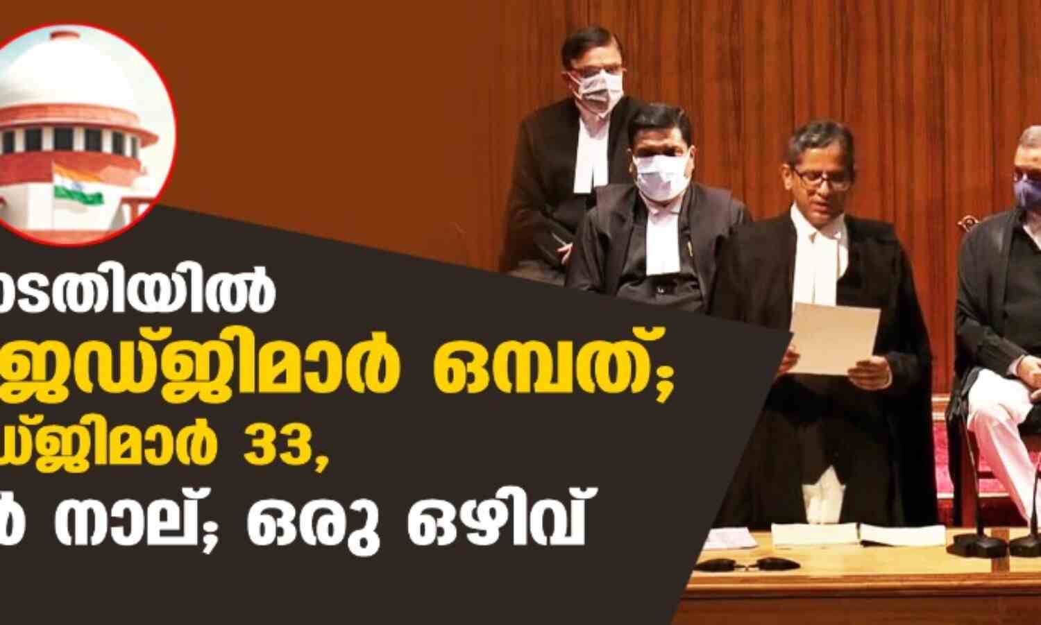 സുപ്രിംകോടതിയില് പുതിയ ജഡ്ജിമാര് ഒമ്പത്; ആകെ ജഡ്ജിമാര് 33, വനിതകള് നാല്; ഒരു ഒഴിവ് സുപ്രിംകോടതിയില് പുതിയ ജഡ്ജിമാര് ഒമ്പത്; ആകെ ജഡ്ജിമാര് 33, വനിതകള് നാല്; ഒരു ഒഴിവ്