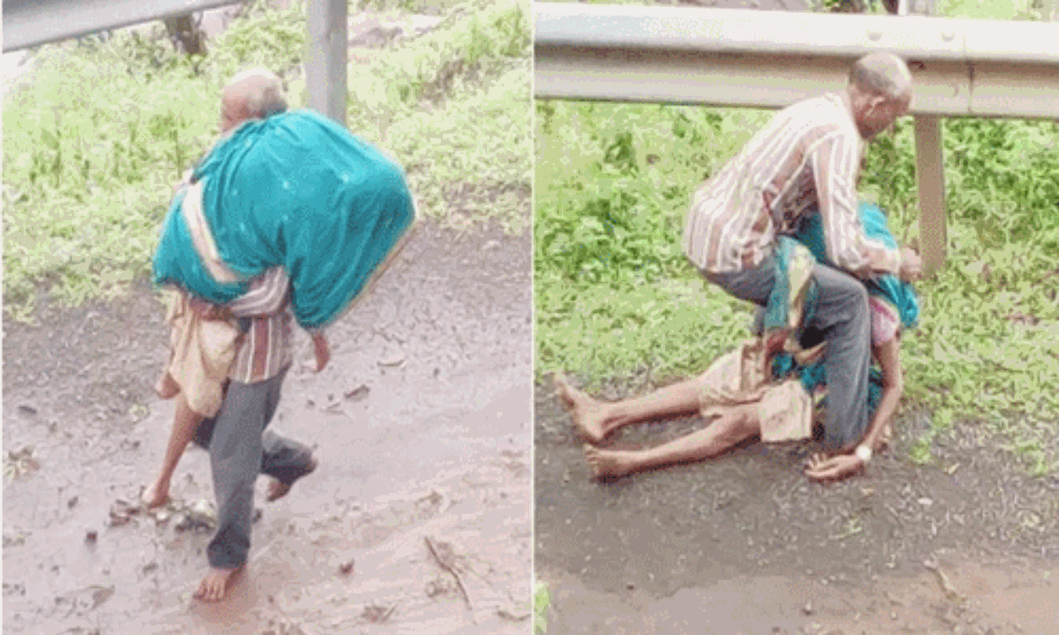 രോഗിയായ ഭാര്യയെ നാല് കിലോമീറ്റര് തോളില് ചുമന്ന് വയോധികന്; ചികില്സ ലഭിക്കാതെ മരണം രോഗിയായ ഭാര്യയെ നാല് കിലോമീറ്റര് തോളില് ചുമന്ന് വയോധികന്; ചികില്സ ലഭിക്കാതെ മരണം