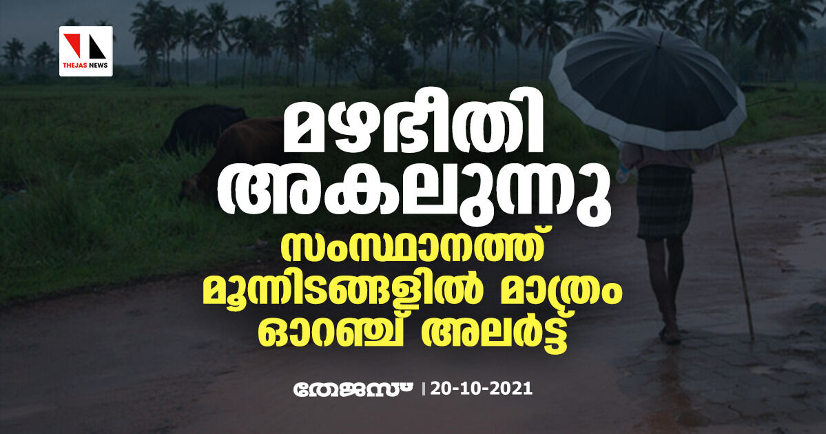 മഴഭീതി അകലുന്നു; സംസ്ഥാനത്ത് മൂന്നിടങ്ങളില്‍ മാത്രം ഓറഞ്ച് അലര്‍ട്ട്