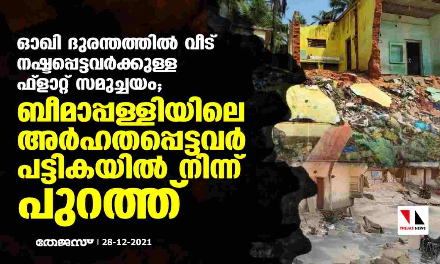 ഓഖി ദുരന്തത്തില് വീട് നഷ്ടപ്പെട്ടവര്ക്കുള്ള ഫ്ലാറ്റ് സമുച്ചയം; ബീമാപ്പള്ളിയിലെ അര്ഹതപ്പെട്ടവര് പട്ടികയ്ക്ക് പുറത്ത് ഓഖി ദുരന്തത്തില് വീട് നഷ്ടപ്പെട്ടവര്ക്കുള്ള ഫ്ലാറ്റ് സമുച്ചയം; ബീമാപ്പള്ളിയിലെ അര്ഹതപ്പെട്ടവര് പട്ടികയ്ക്ക് പുറത്ത്