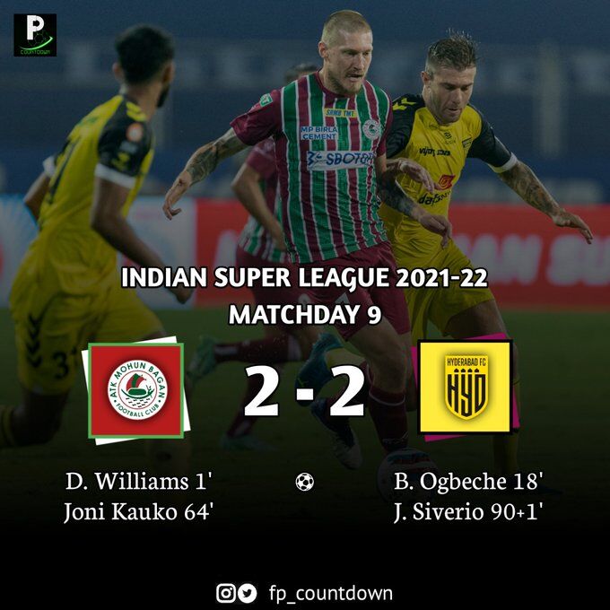 ഐഎസ്എല്‍; ഇഞ്ചുറി ടൈം ഗോളില്‍ സമനില പിടിച്ച് ഹൈദരാബാദ് ഒന്നിലേക്ക്