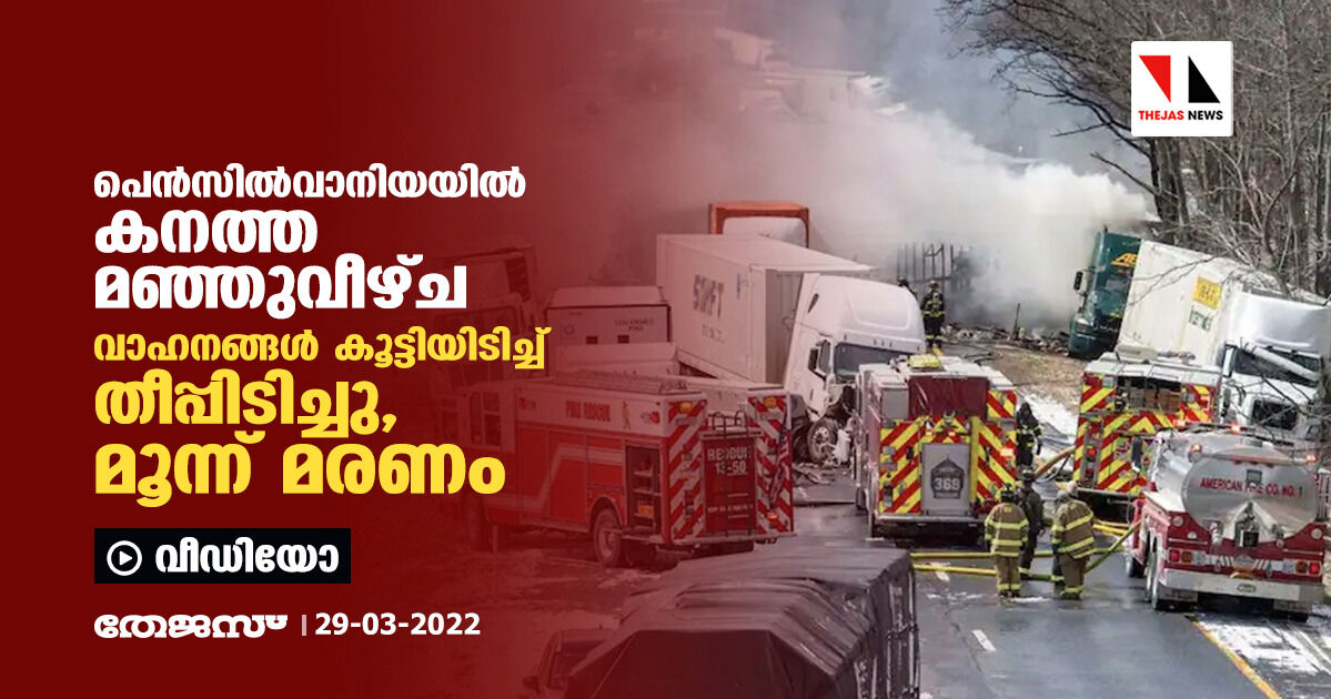 പെന്‍സില്‍വാനിയയില്‍ കനത്ത മഞ്ഞുവീഴ്ച; വാഹനങ്ങള്‍ കൂട്ടിയിടിച്ച് തീപ്പിടിച്ചു, മൂന്ന് മരണം (വീഡിയോ)