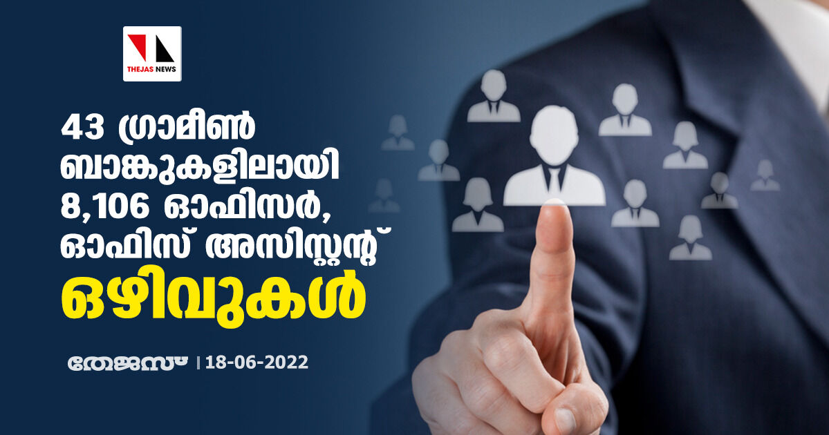 43 ഗ്രാമീണ്‍ ബാങ്കുകളിലായി 8,106 ഓഫിസര്‍, ഓഫിസ് അസിസ്റ്റന്റ് ഒഴിവുകള്‍