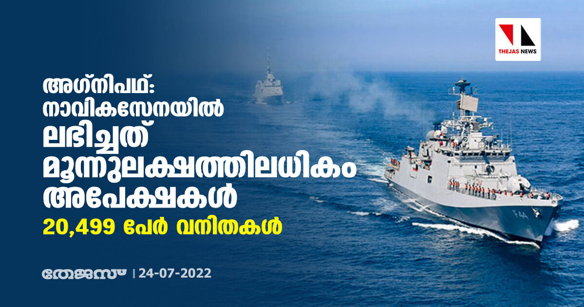 അഗ്നിപഥ്: നാവികസേനയില് ലഭിച്ചത് മൂന്നുലക്ഷത്തിലധികം അപേക്ഷകള്; 20,499 പേര് വനിതകള് അഗ്നിപഥ്: നാവികസേനയില് ലഭിച്ചത് മൂന്നുലക്ഷത്തിലധികം അപേക്ഷകള്; 20,499 പേര് വനിതകള്