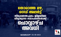 തോരാത്ത മഴ, റെഡ് അലര്‍ട്ട്;  തിരുവനന്തപുരം ജില്ലയിലെ വിദ്യാഭ്യാസ സ്ഥാപനങ്ങള്‍ക്ക് നാളെ അവധി