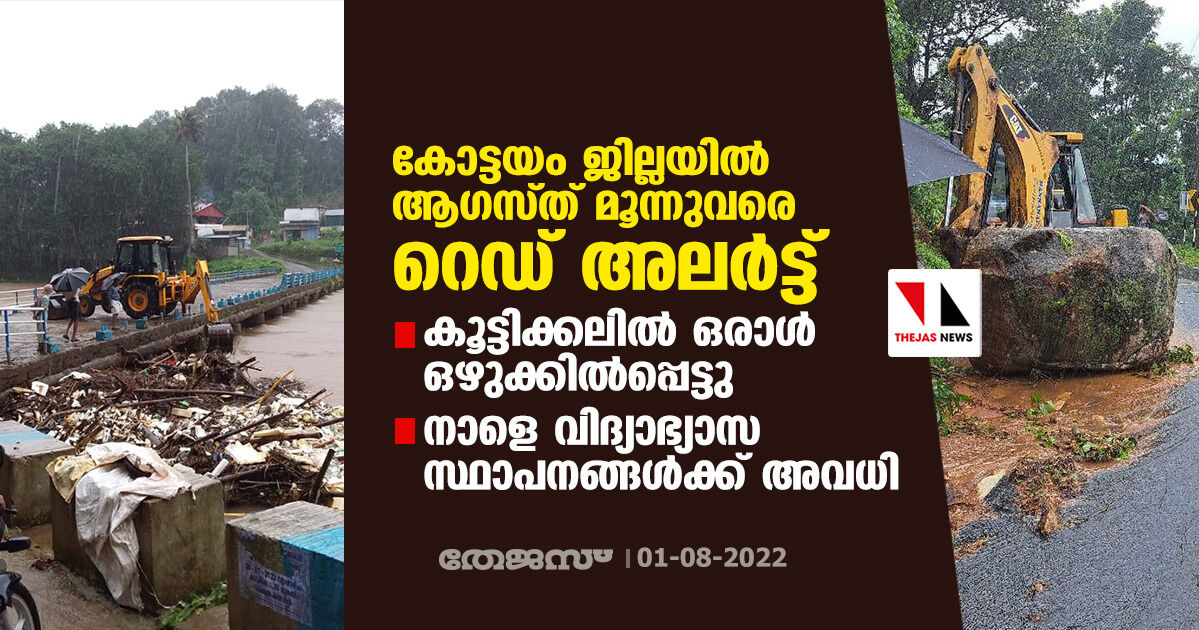 കോട്ടയം ജില്ലയില്‍ ആഗസ്ത് മൂന്നുവരെ റെഡ് അലര്‍ട്ട്, കൂട്ടിക്കലില്‍ ഒരാള്‍ ഒഴുക്കില്‍പ്പെട്ടു; നാളെ വിദ്യാഭ്യാസ സ്ഥാപനങ്ങള്‍ക്ക് അവധി