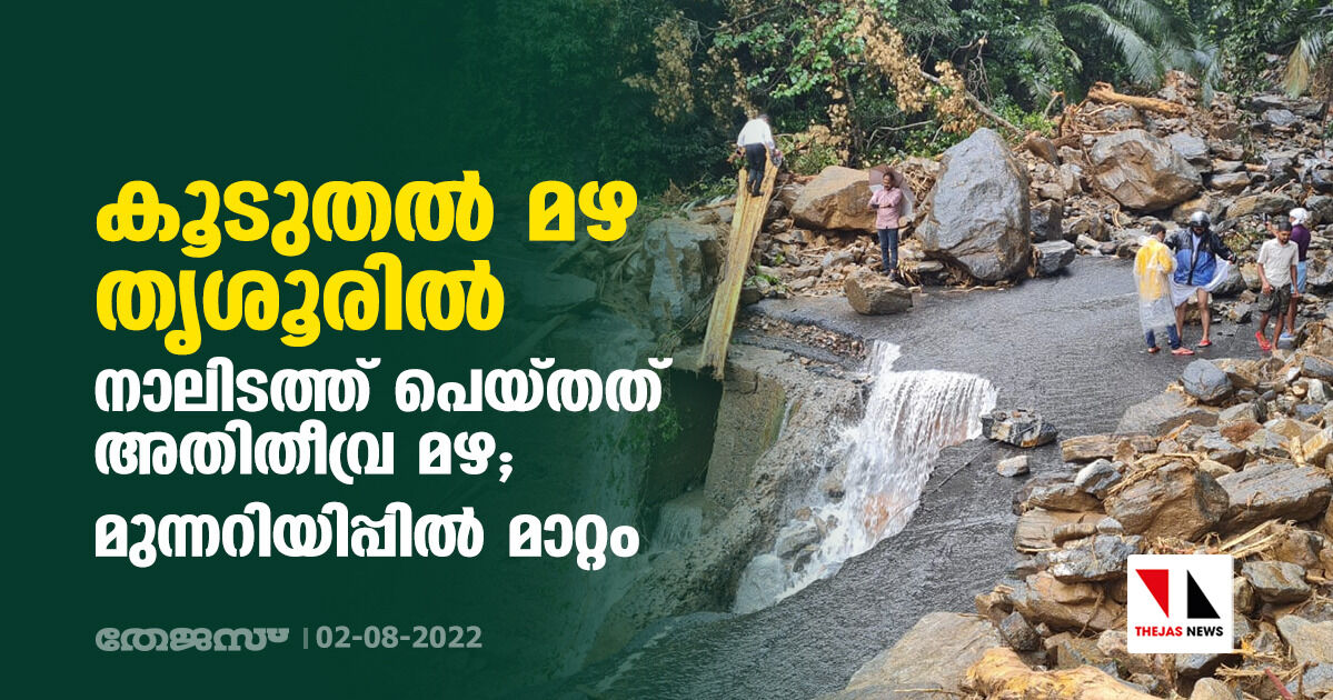 കൂടുതൽ മഴ തൃശൂരിൽ; നാലിടത്ത് പെയ്തത് അതിതീവ്ര മഴ; മുന്നറിയിപ്പിൽ മാറ്റം കൂടുതൽ മഴ തൃശൂരിൽ; നാലിടത്ത് പെയ്തത് അതിതീവ്ര മഴ; മുന്നറിയിപ്പിൽ മാറ്റം