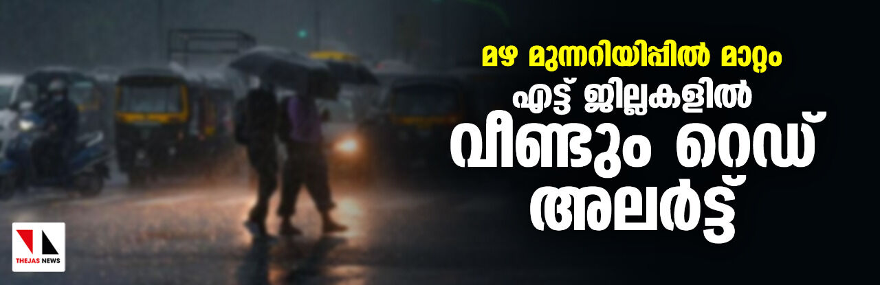 മഴ മുന്നറിയിപ്പില്‍ മാറ്റം;എട്ട് ജില്ലകളില്‍ വീണ്ടും റെഡ് അലര്‍ട്ട്