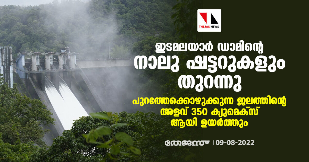 ഇടമലയാര് ഡാമിന്റെ നാലു ഷട്ടറുകളും തുറന്നു;പുറത്തേക്കൊഴുക്കുന്ന ജലത്തിന്റെ അളവ് 350 ക്യുമെക്സ് ആയി ഉയര്ത്തും ഇടമലയാര് ഡാമിന്റെ നാലു ഷട്ടറുകളും തുറന്നു;പുറത്തേക്കൊഴുക്കുന്ന ജലത്തിന്റെ അളവ് 350 ക്യുമെക്സ് ആയി ഉയര്ത്തും