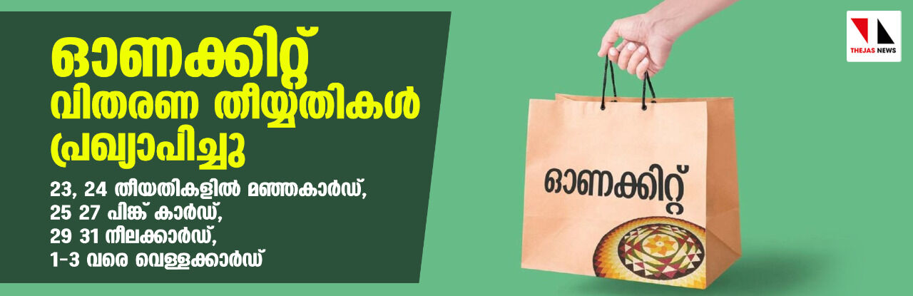 ഓണക്കിറ്റ് വിതരണ തീയ്യതികള്‍ പ്രഖ്യാപിച്ചു; 23, 24 തീയതികളില്‍ മഞ്ഞകാര്‍ഡ്, 25- 27 പിങ്ക് കാര്‍ഡ്, 29- 31 നീലക്കാര്‍ഡ്, 1-3വരെ വെള്ളക്കാര്‍ഡ്