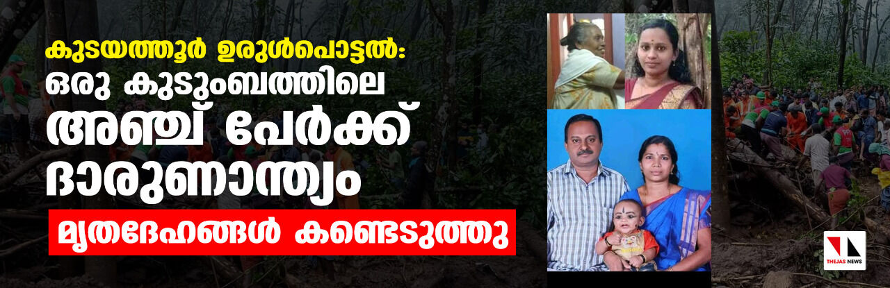 കുടയത്തൂര് ഉരുള്പൊട്ടല്: ഒരു കുടുംബത്തിലെ അഞ്ച് പേര്ക്ക് ദാരുണാന്ത്യം, മൃതദേഹങ്ങള് കണ്ടെടുത്തു കുടയത്തൂര് ഉരുള്പൊട്ടല്: ഒരു കുടുംബത്തിലെ അഞ്ച് പേര്ക്ക് ദാരുണാന്ത്യം, മൃതദേഹങ്ങള് കണ്ടെടുത്തു
